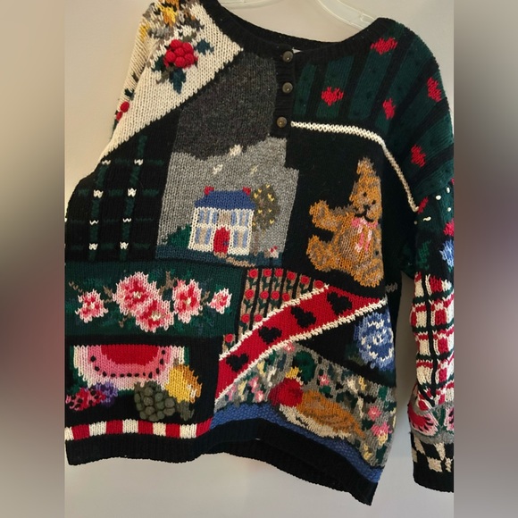 The Eagle's Eye Vintage 80s Hand Knit Wool Folk Art Novelty Sweater | Size L - Picture 3 of 7
